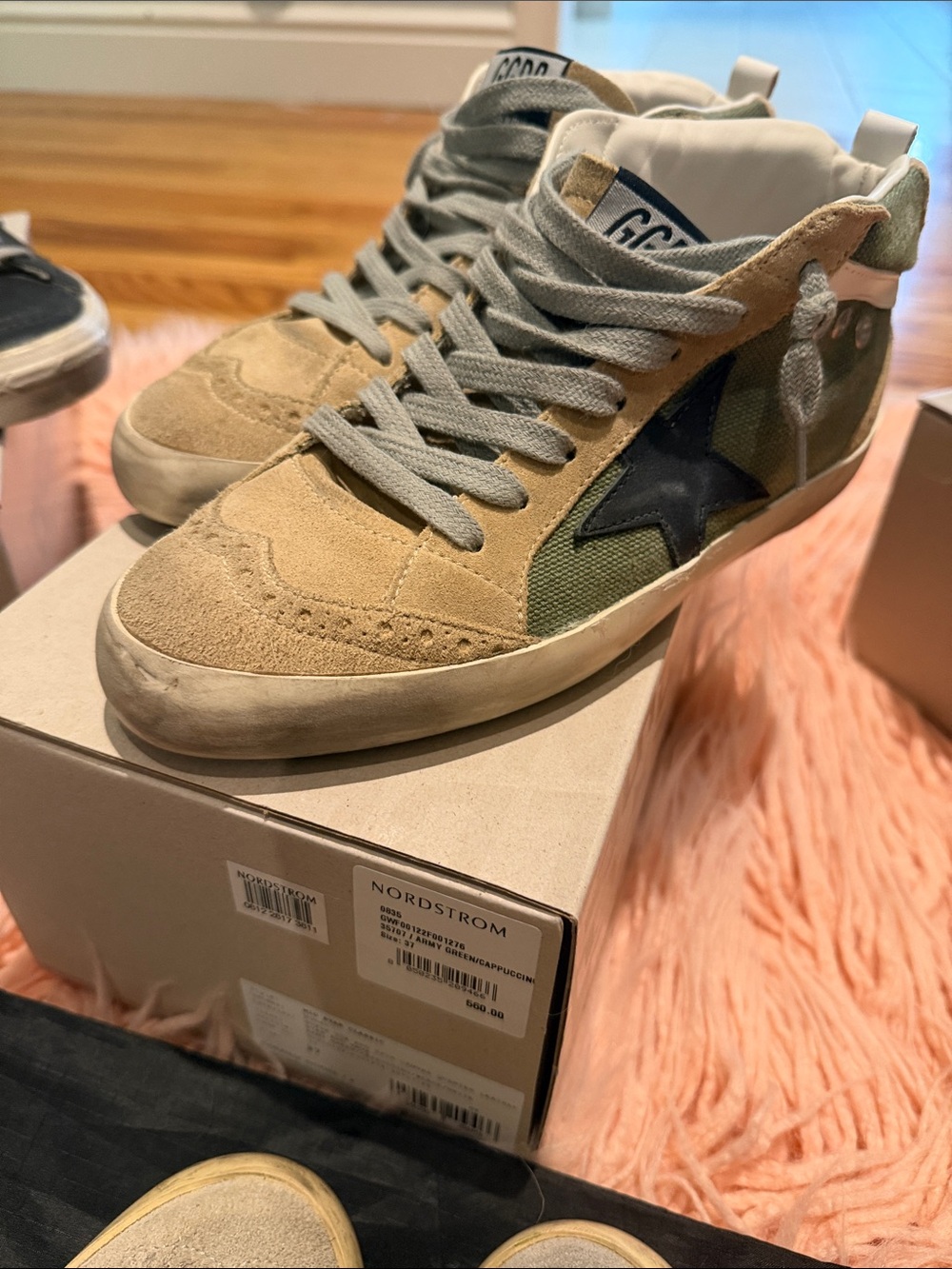 Golden Goose Tan Suede & Olive Canvas Mid-Top Sneakers with Black Star